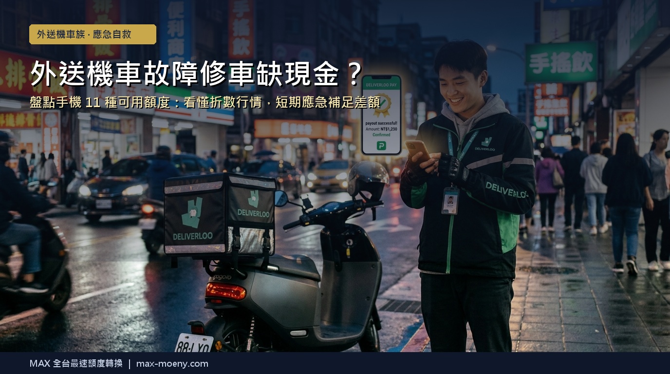 【外送員修車急用錢】機車拋錨車行只收現金、跑單薪水下週才發？盤點手機「11種可用額度」自救攻略：算懂折數再申辦，短期應急不踩雷！
