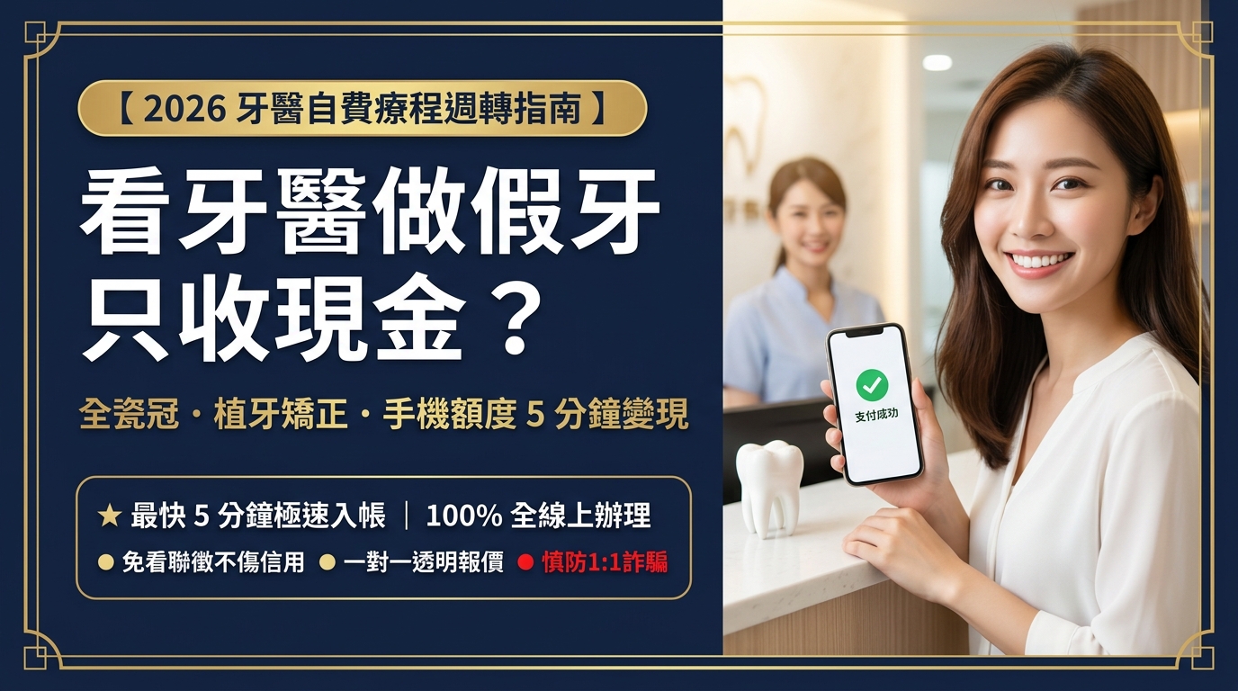 【看牙醫做假牙、植牙只收現金怎麼辦？】2026 全瓷冠與牙齒矯正自費救急指南：善用手機額度快速變現！一對一透明報價，慎防 1:1 詐騙陷阱